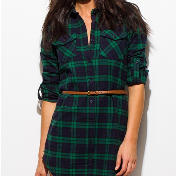 Green Plaid Tunic Dress with Belt - Picture 2 of 8